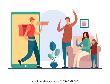 Cartoon vector of happy couple with kid using modern smartphone app and receiving pizza from delivery man while spending time at home. Flat syle vector illustration
