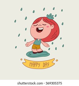 Cartoon vector happy girl standing in the puddle under the rain. Yellow tape with text message
