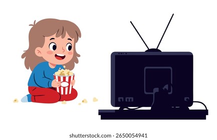 Cartoon vector of a happy girl watching TV while eating popcorn, sitting on the floor with excitement and joy.