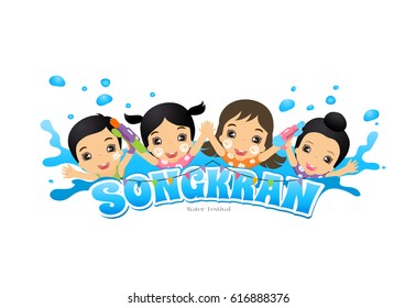 cartoon vector happy kids enjoying the water festival Thailand, Songkran  