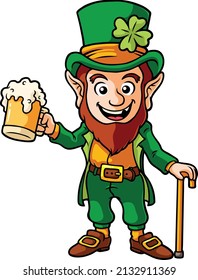 Vector de dibujos animados Feliz Leprechaun con cerveza y caña