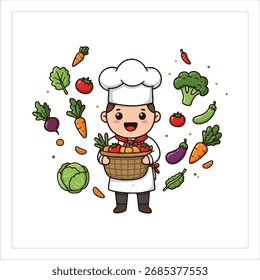 Cartoon-Vektor eines fröhlichen Küchenchefs, der einen Korb mit frischem Gemüse hält. Gesundes Essen, vegetarische, Bio-Lifestyle, Ernährung der Kinder, Restaurant und Kochkonzept.