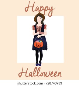 Cartoon Vector Happy Little Witch Girl Holding Jack O Lantern Candy Bucket