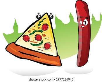 cartoon vector of happy pizza face and grilled sausage, good for posters, flyers, illustrations and more.