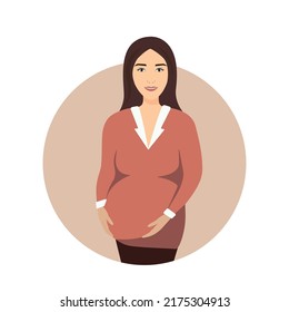 Cartoon vector happy pregnant woman holding her hands on belly expecting a baby