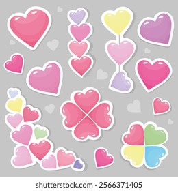 Cartoon vector heart stickers for Valentine's Day, in delicate shades