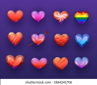 Cartoon vector hearts isolated vectir icons set. Rainbow, candy and ruby gemstone, ice crystal, pierced with arrow red and colorful hearts, pc or mobile game assets, gui design isolated elements