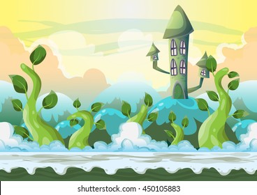 Cartoon vector heaven landscape with separated layers for game and animation, game design asset