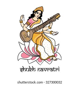 cartoon vector hindu goddess Saraswati sitting on the lotus in white sari. Greeting card for Navratri. for print posters, banner and postcard.