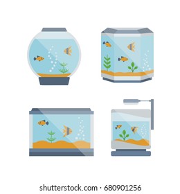 Cartoon vector home glass aquarium illustration with water, plants. Isolated aquarium life clipart in flat style.