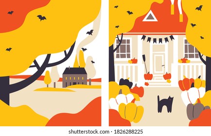 Cartoon vector home Halloween. Characters black cat, pumpkin, bats, decorate for Halloween home backyard and autumn landscape on background. Stylized autumn forest and mysterious house on background.