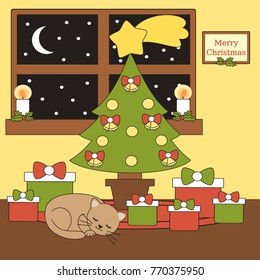 cartoon vector home interior with Christmas tree, gifts and a cat lying sleeping    
