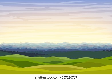 Cartoon vector horizontal landscape background with green hills and misty mountains in the evening.