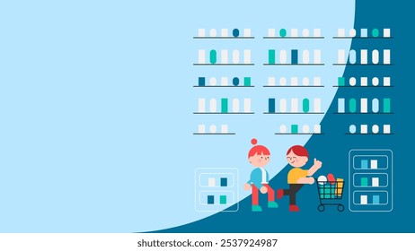 Cartoon Vector Horizontal Web Banner with  Couple in Supermarket Full of Groceries Illustration. Food Store Big Discount Promotion Landing Page