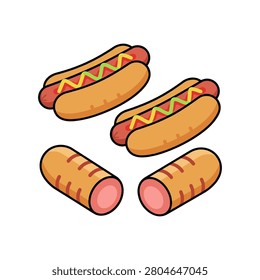 Cartoon vector hot dog illustration with mustard and ketchup fastfood illustration culinary delicious streetfood