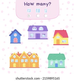 Cartoon vector houses for kids development. How many windows? Design template for kids education, entertainment, print