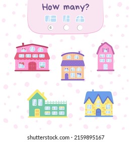 Cartoon vector houses for kids development. How many windows? Design template for kids education, entertainment, print