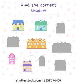 Cartoon vector houses for kids development. Find the right shadow? Design template for kids education, entertainment, print