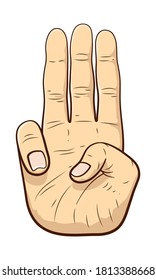 cartoon vector of human hand showing three fingers isolated on white background.