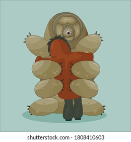 Cartoon vector Human in winter or autumn coat gives a huge hug to tardigrade on blue background. Water piglet and woman or man is not alone anymore