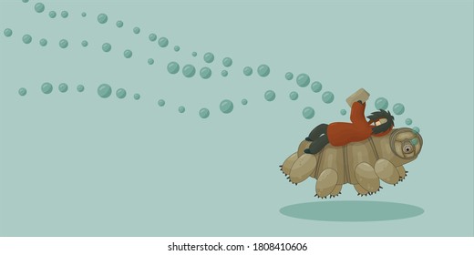 Cartoon vector Human in winter or autumn coat is lying on their back and reading a book on tardigrade on blue background. Happy moss Piglet is jumping and swimming underwater with bubbles