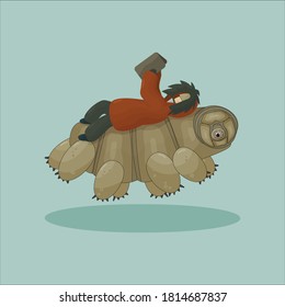 Cartoon vector Human in winter or autumn coat is lying on their back and reading a book on tardigrade on blue background. Happy moss Piglet is jumping and swimming underwater