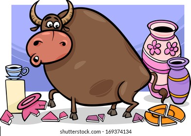 Cartoon Vector Humor Concept Illustration of Bull in a China Shop Saying