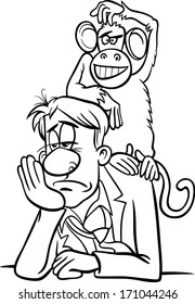 Cartoon Vector Humor Concept Illustration of Monkey on your Back Saying or Proverb