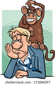 Cartoon Vector Humor Concept Illustration of Monkey on your Back Saying or Proverb
