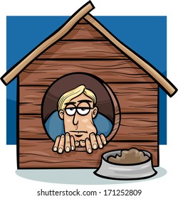 Cartoon Vector Humor Concept Illustration of In The Dog House Saying or Proverb