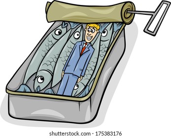 Cartoon Vector Humor Concept Illustration of Packed Like Sardines Saying or Proverb