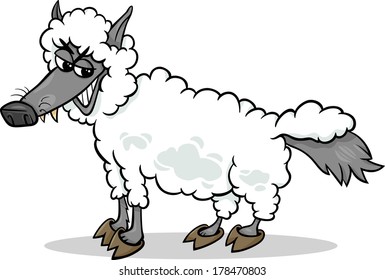 Cartoon Vector Humor Concept Illustration of Wolf in Sheep Clothing Saying or Proverb