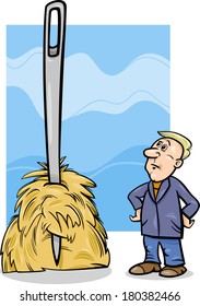 Cartoon Vector Humor Concept Illustration of Needle in a Haystack Saying or Proverb