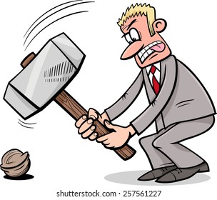 Cartoon Vector Humor Concept Illustration of Sledgehammer to Crack a Nut Saying or Proverb