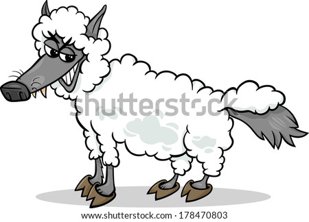 Cartoon Vector Humor Concept Illustration of Wolf in Sheep Clothing Saying or Proverb