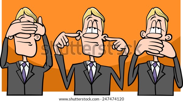 Cartoon Vector Humor Concept\
Illustration of See no Evil Hear no Evil Speak no Evil Saying or\
Proverb