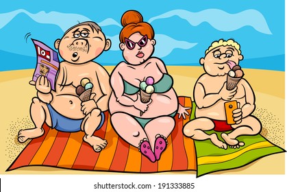 Cartoon Vector Humor Illustration Of Overweight Family On The Beach