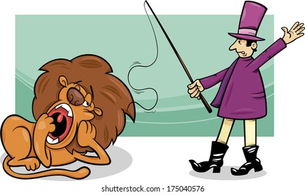 Cartoon Vector Humor Illustration Of Tamer And Bored Lazy Lion