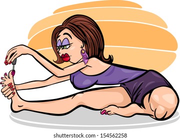 Cartoon Vector Humor Illustration of Woman Practicing Yoga Position or Asana and Painting her Nails