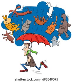 Cartoon Vector Humorous Concept Illustration of Raining Cats and Dogs Saying or Proverb