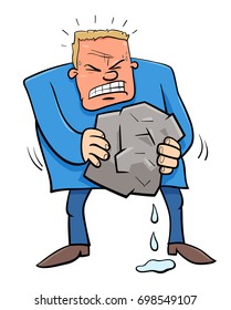 Cartoon Vector Humorous Concept Illustration of Squeezing Water from Stone Saying or Proverb