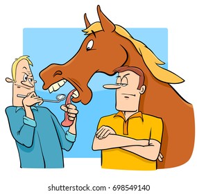 Cartoon Vector Humorous Concept Illustration of Looking a Gift Horse in the Mouth Saying or Proverb