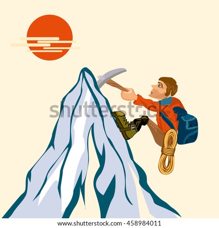 Cartoon vector humorous illustration of a Climber man climbing on a rock with an ice pick