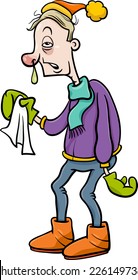 Cartoon Vector Humorous Illustration of a Man with a Flu and Running Nose