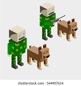 Cartoon vector hunter with his dog and his gun