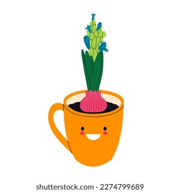 Cartoon vector hyacinth in pot with cute face.