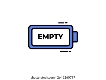 Ein Cartoon-Vektorsymbol einer Batterie mit blauem Umriss und dem angezeigten Wort "EMPTY", das eine erschöpfte Stromquelle anzeigt.