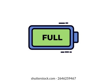 A cartoon vector icon of a battery displaying a full green bar and the word "FULL", indicating a complete charge.