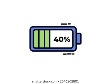 A cartoon vector icon of a battery displaying a 40% charge level with green bars, indicating less than half power remaining.