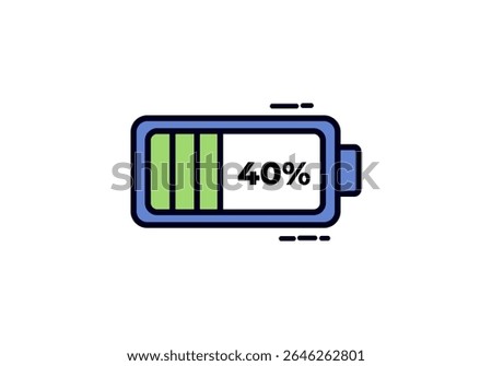 A cartoon vector icon of a battery displaying a 40% charge level with green bars, indicating less than half power remaining.